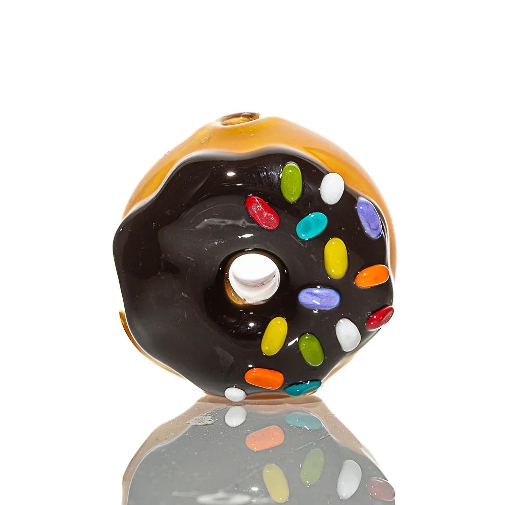 Glass donut-shaped hand pipe with chocolate frosting and colorful sprinkle details