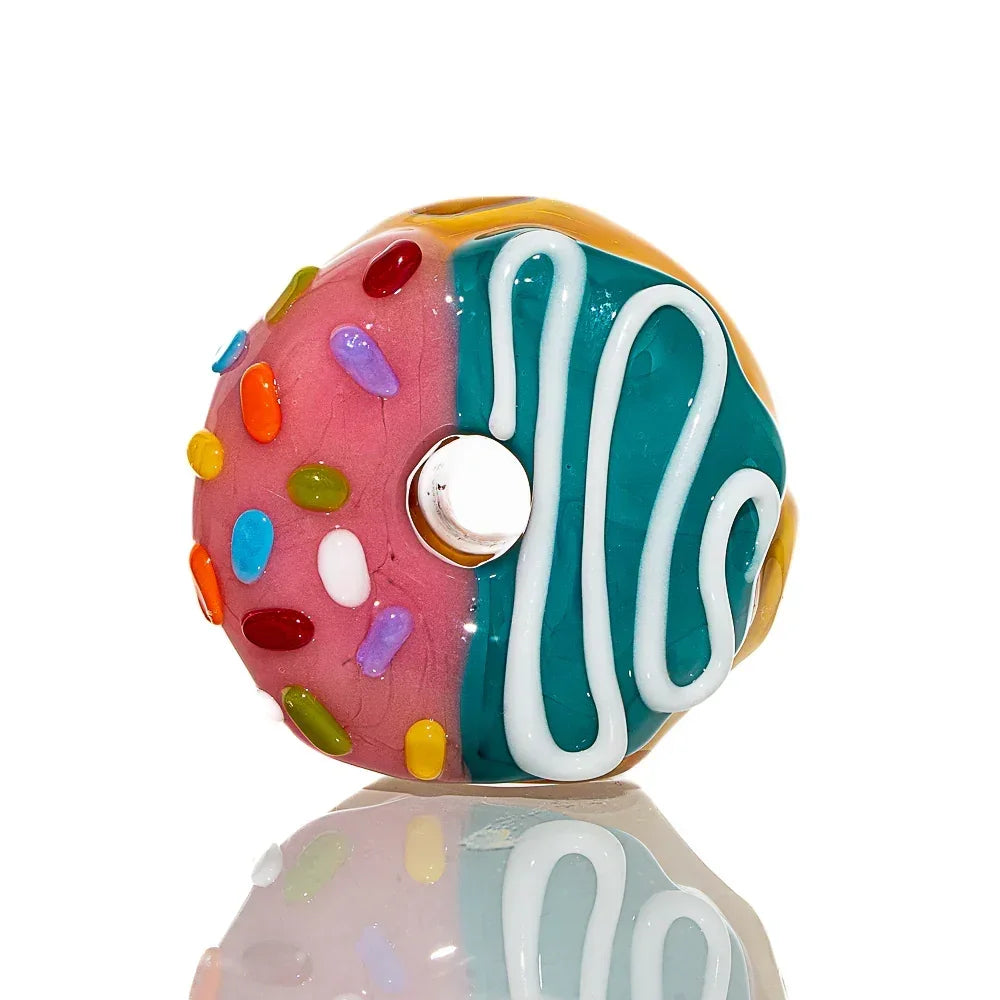 Colorful glass mini donut pipe with pink sprinkles and blue frosted vanilla drizzle design
