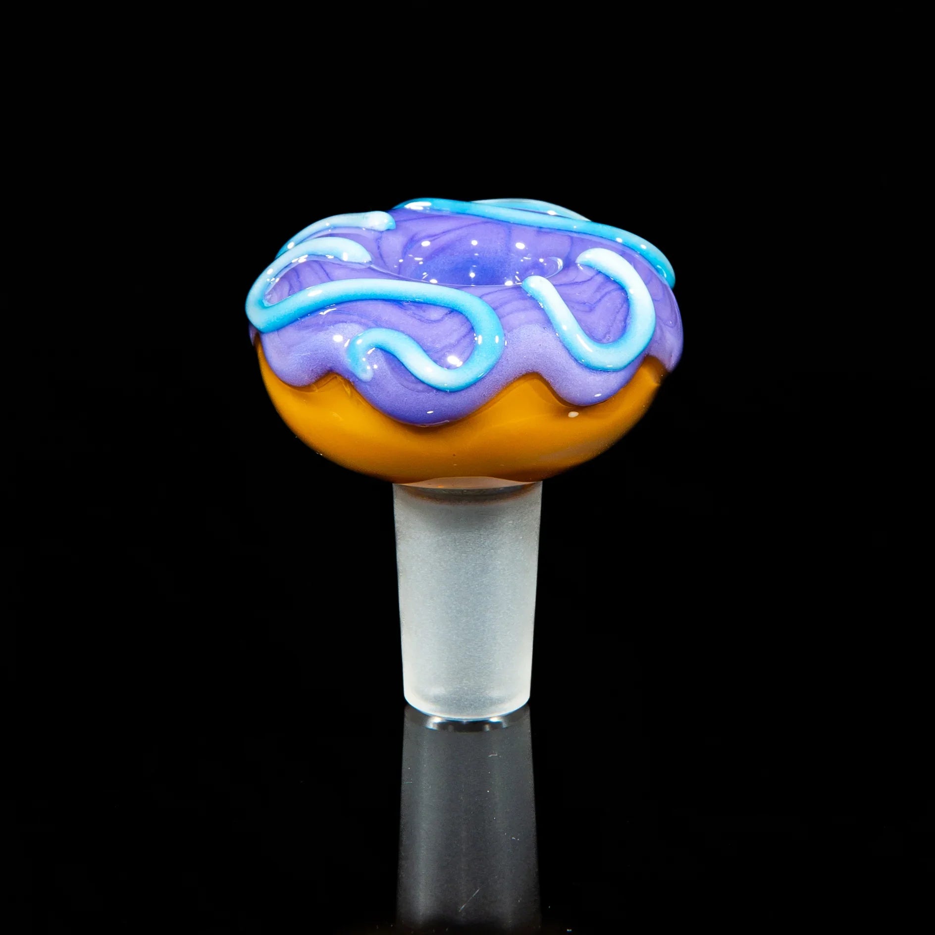 14mm lavender glass slide with blue raspberry drizzle design on black background