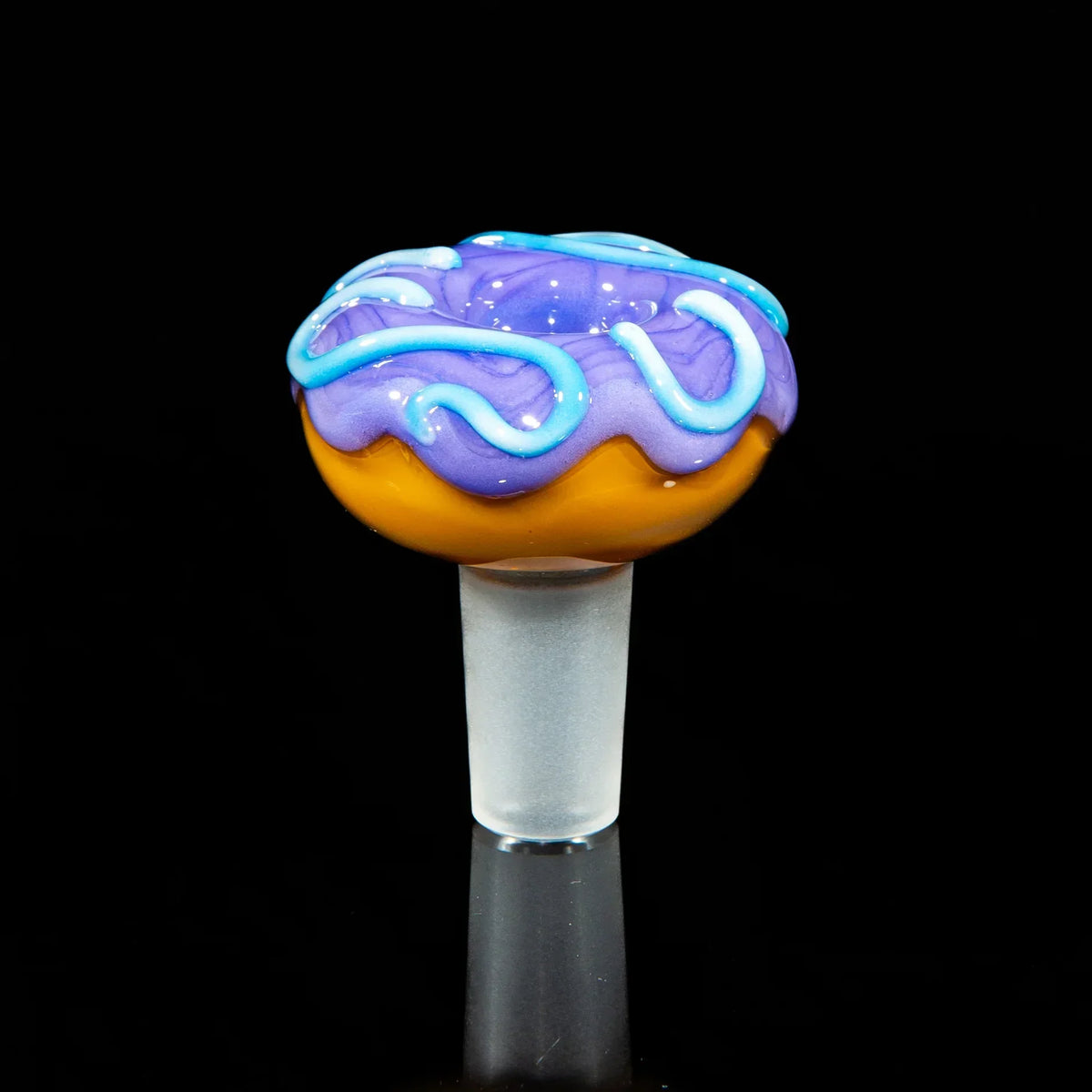 14mm lavender glass slide with blue raspberry drizzle design on black background