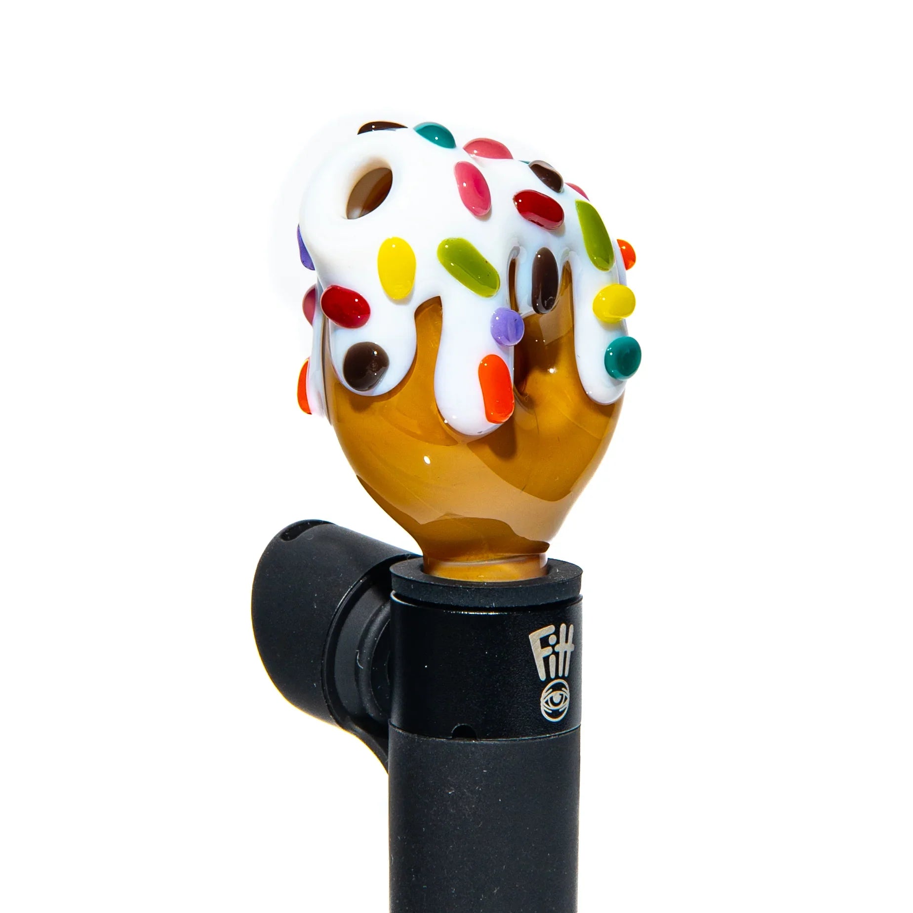 Glass donut carb cap with white icing design and colorful rainbow sprinkles for vaporizer