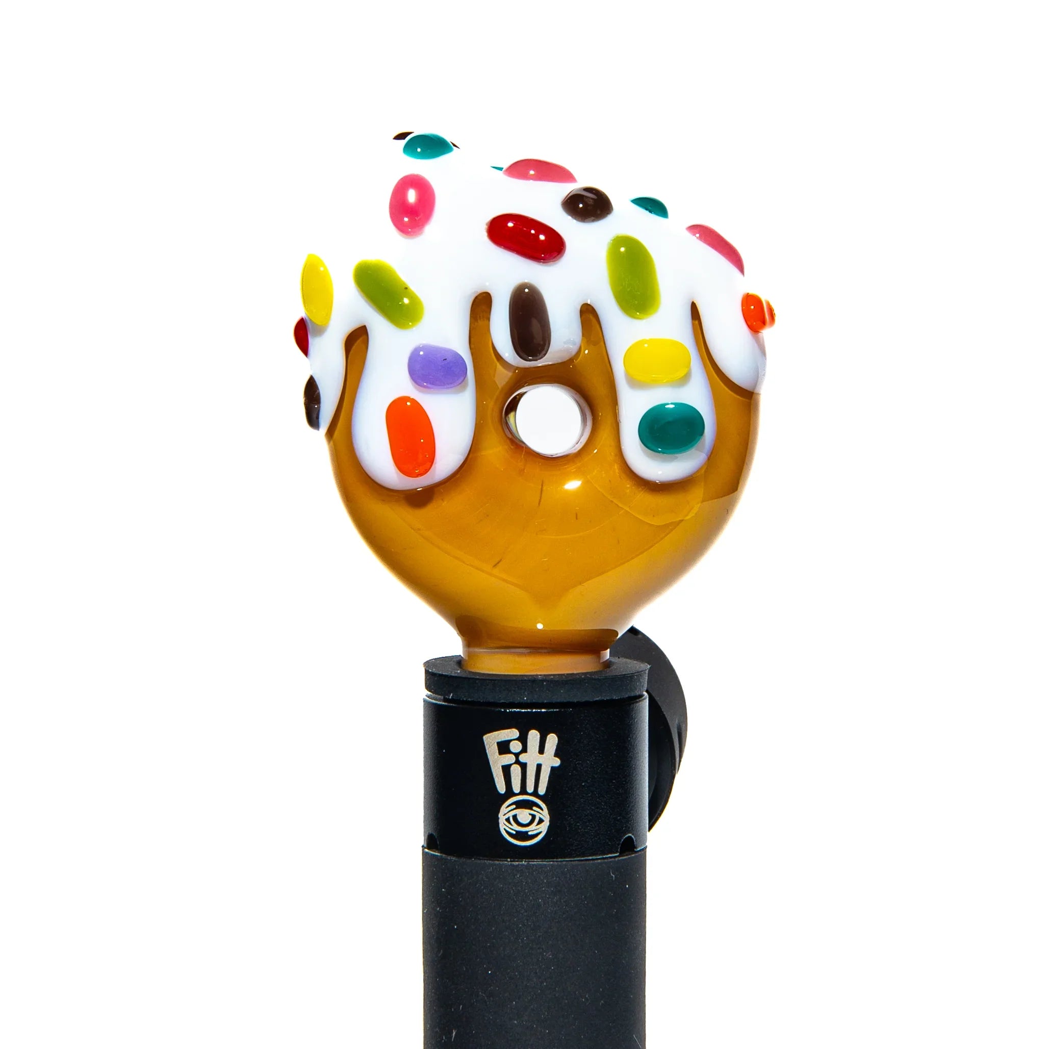 Glass donut carb cap with white icing and colorful rainbow sprinkles for vaporizers