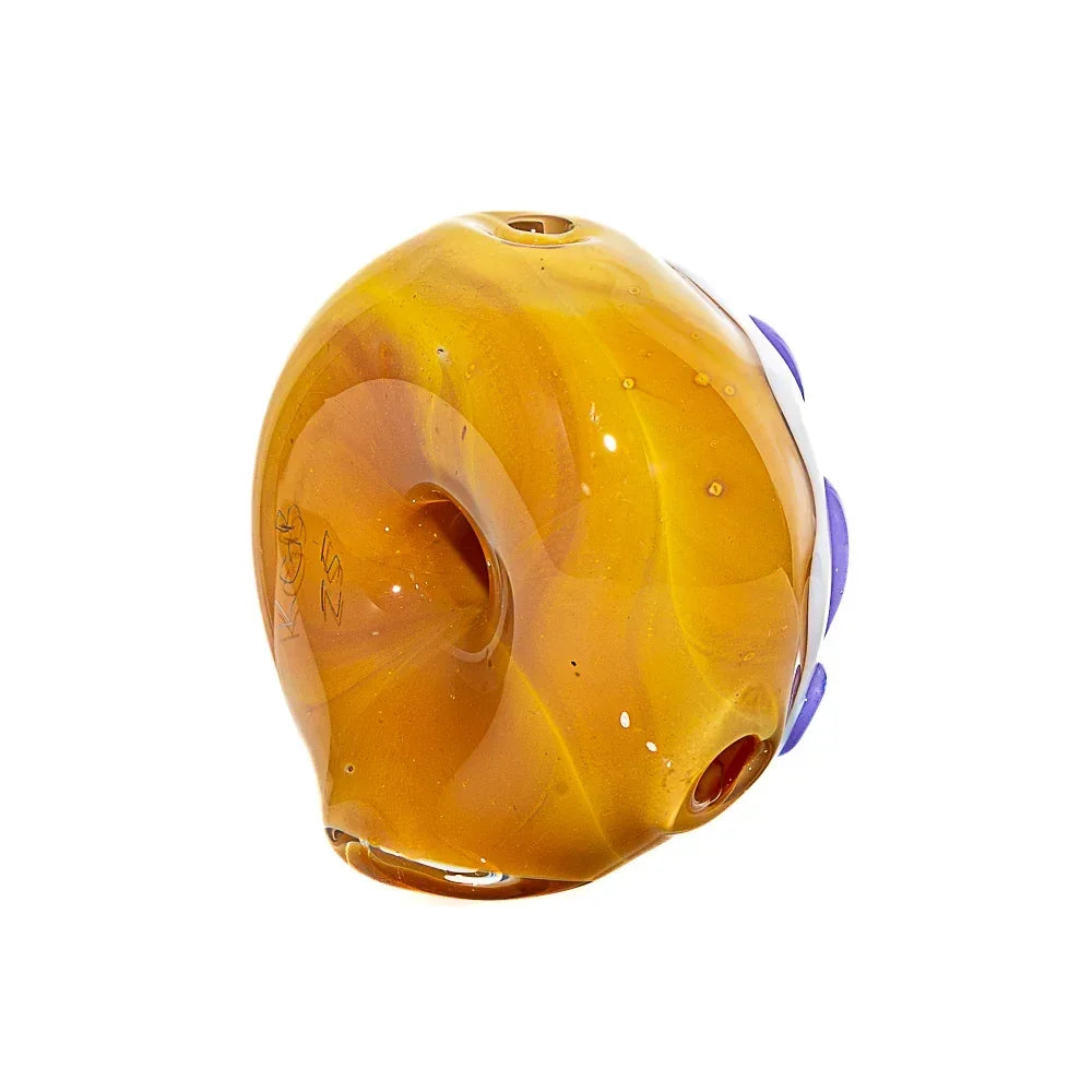 Mini donut-shaped glass dry pipe with vanilla frosted finish and lavender drizzle accents