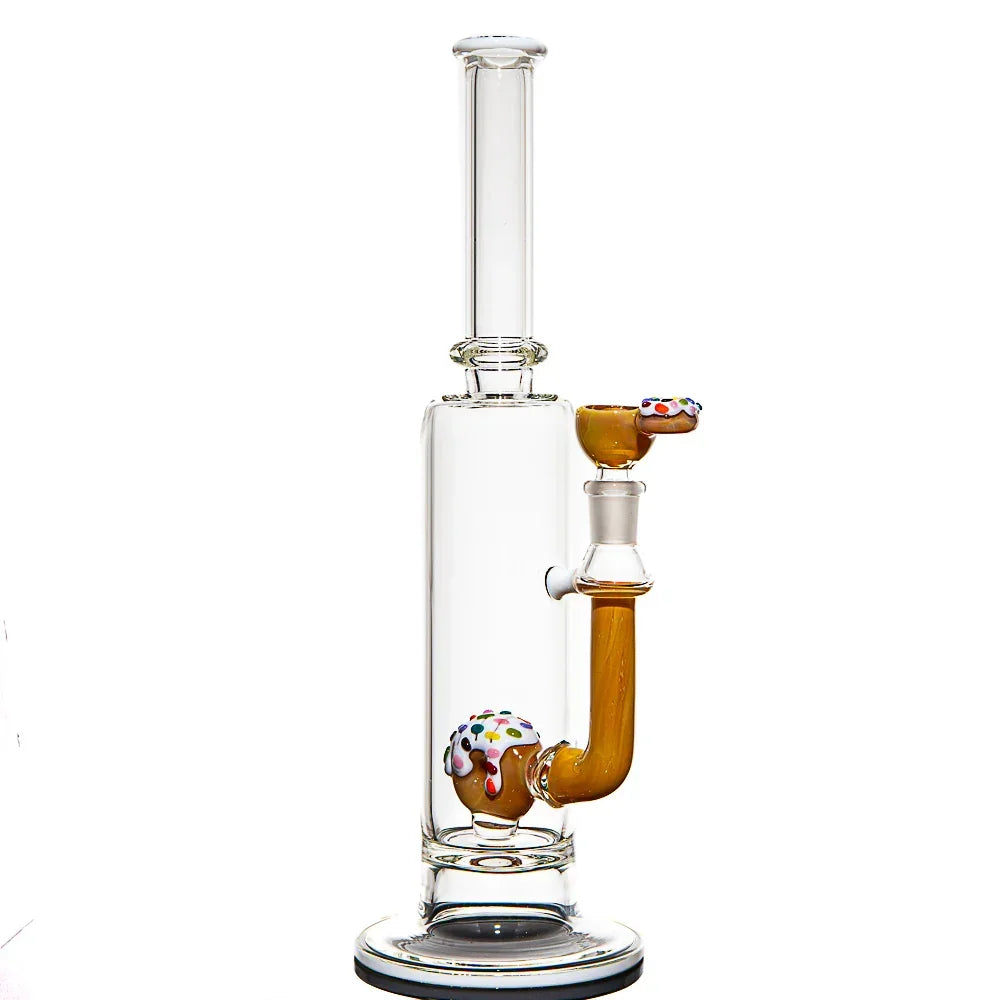 Vanilla frosted sprinkle donut glass water pipe with donut-themed accents and clear tube.