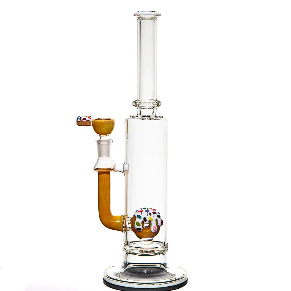 Clear glass water pipe with frosted donut and sprinkle accents, 14mm bowl attachment