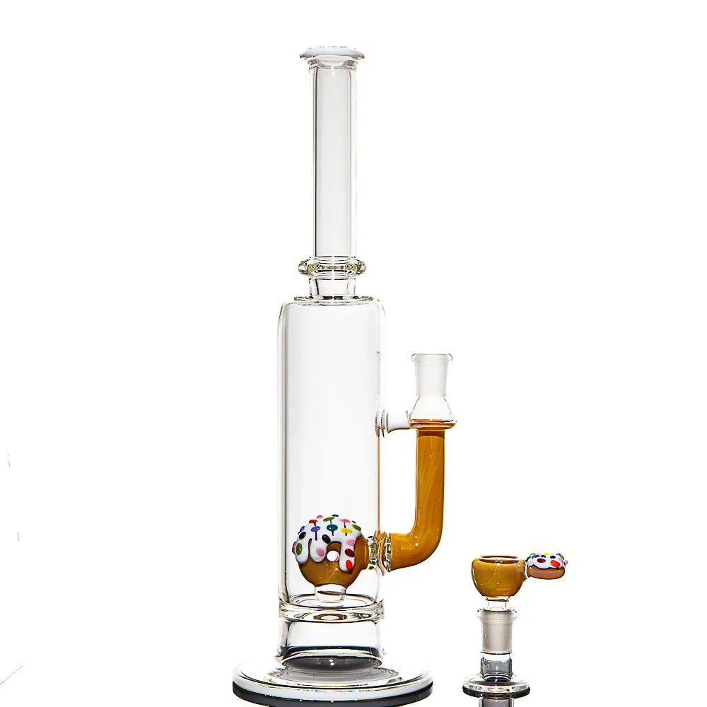 Vanilla frosted sprinkle donut themed glass water pipe with matching bowl and clear base.