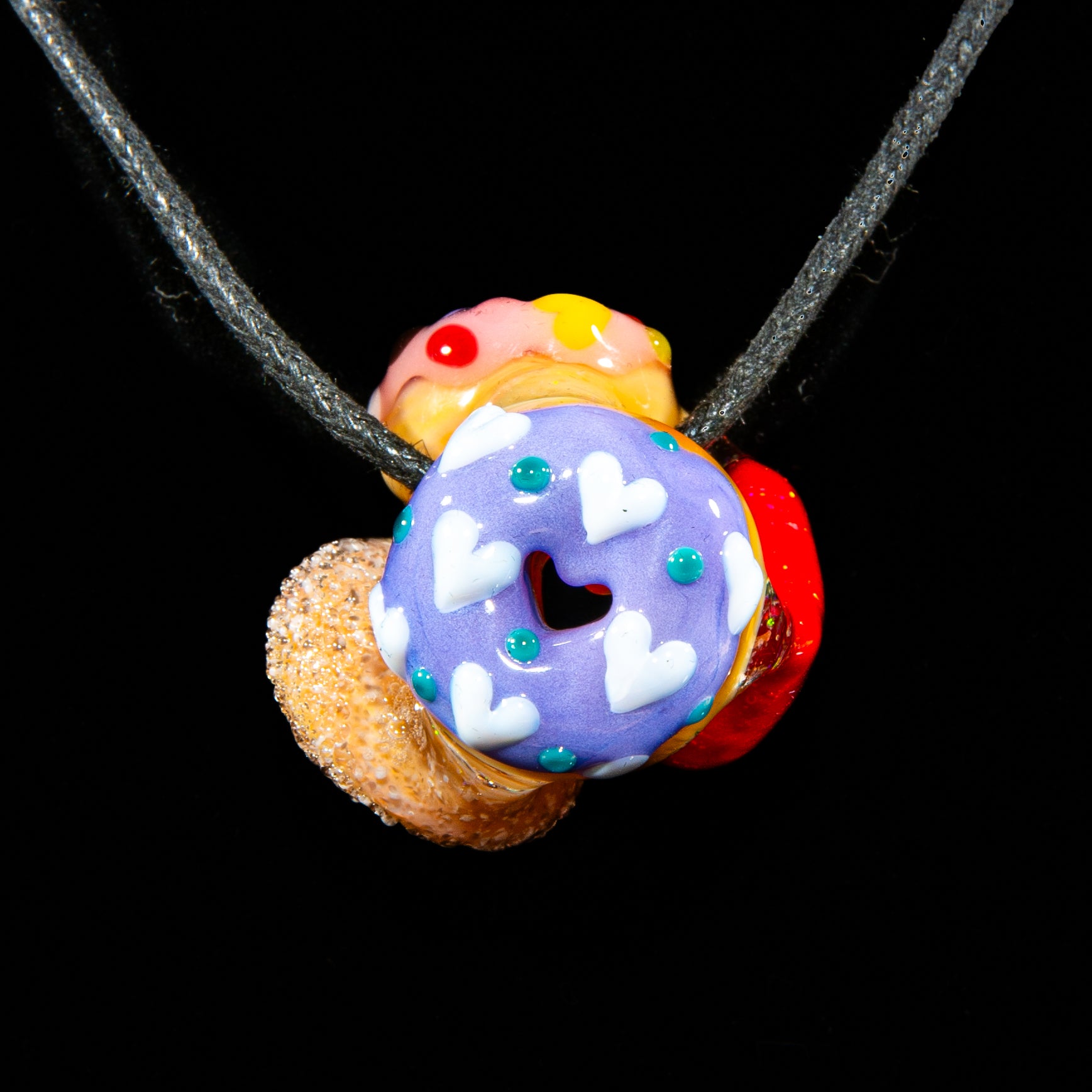KGB Glass x Sarah Marblesbee - Donut Cluster & Cherry Crushed Opal Heart Pendant