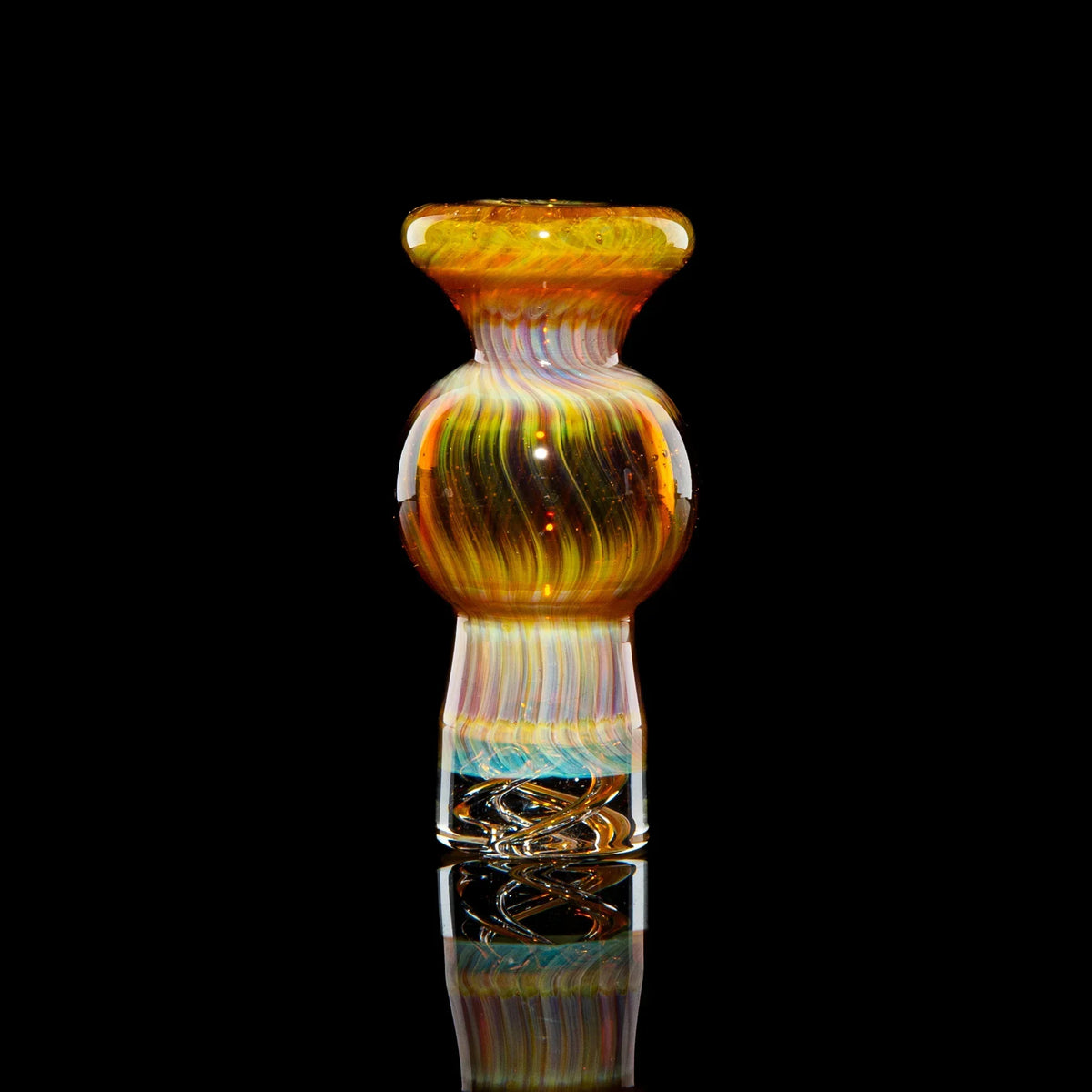 Amber purple spinner bubble cap with swirling glass pattern on a black background