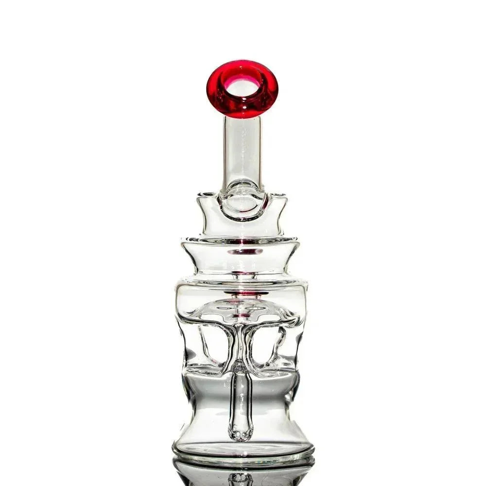 Clear glass water pipe with intricate design and red accent mouthpiece on white background