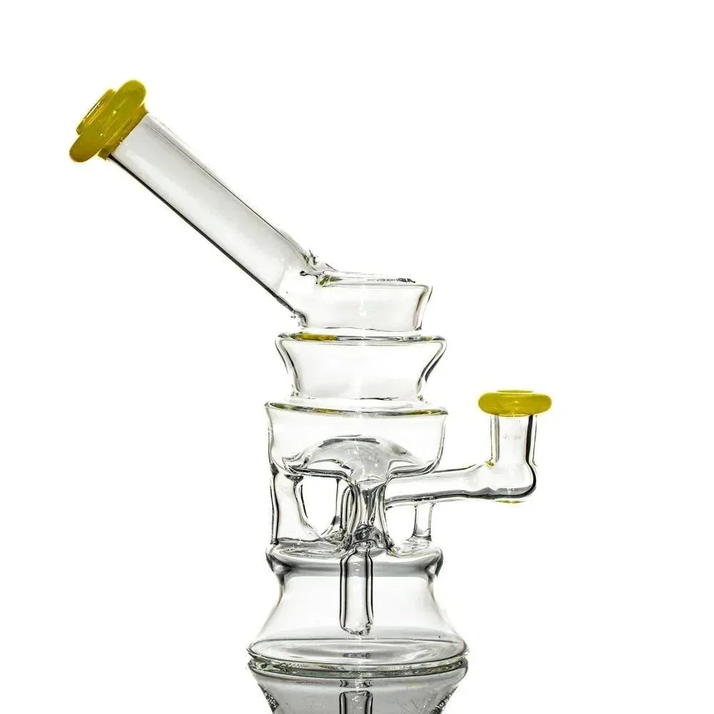 Clear glass water pipe with yellow accents, unique tiered chambers on white background