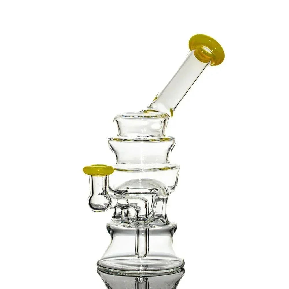 Clear glass water pipe with yellow accents and unique tiered design on white background