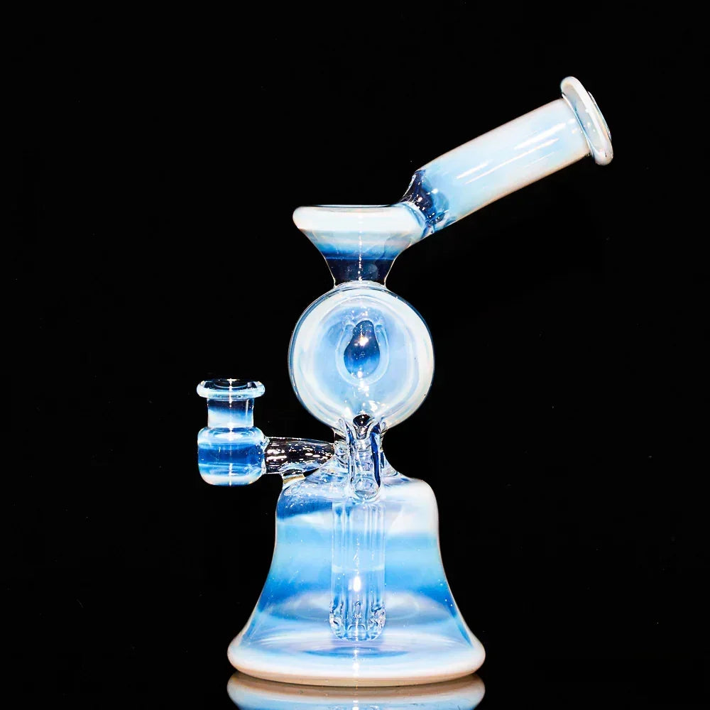 Ghost Split Window Recycler glass water pipe with blue and white accents on black background