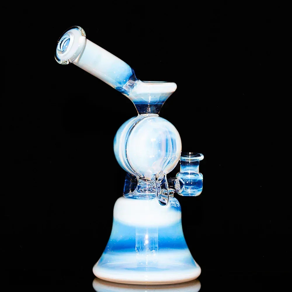 Blue and white glass split window recycler water pipe with curved neck on black background