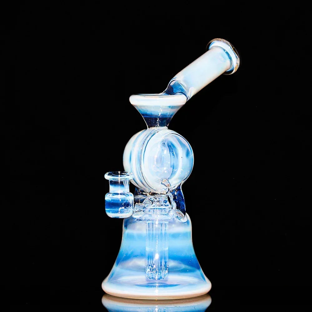 Iridescent glass recycler water pipe with split window design on black background