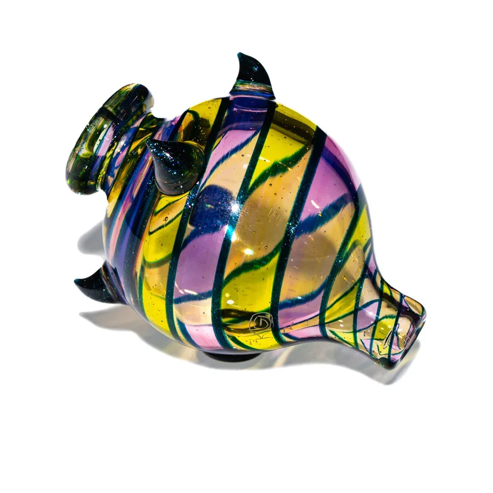 Colorful citrine and purple glass bubble cap with striped UV-reactive design and horn accents.