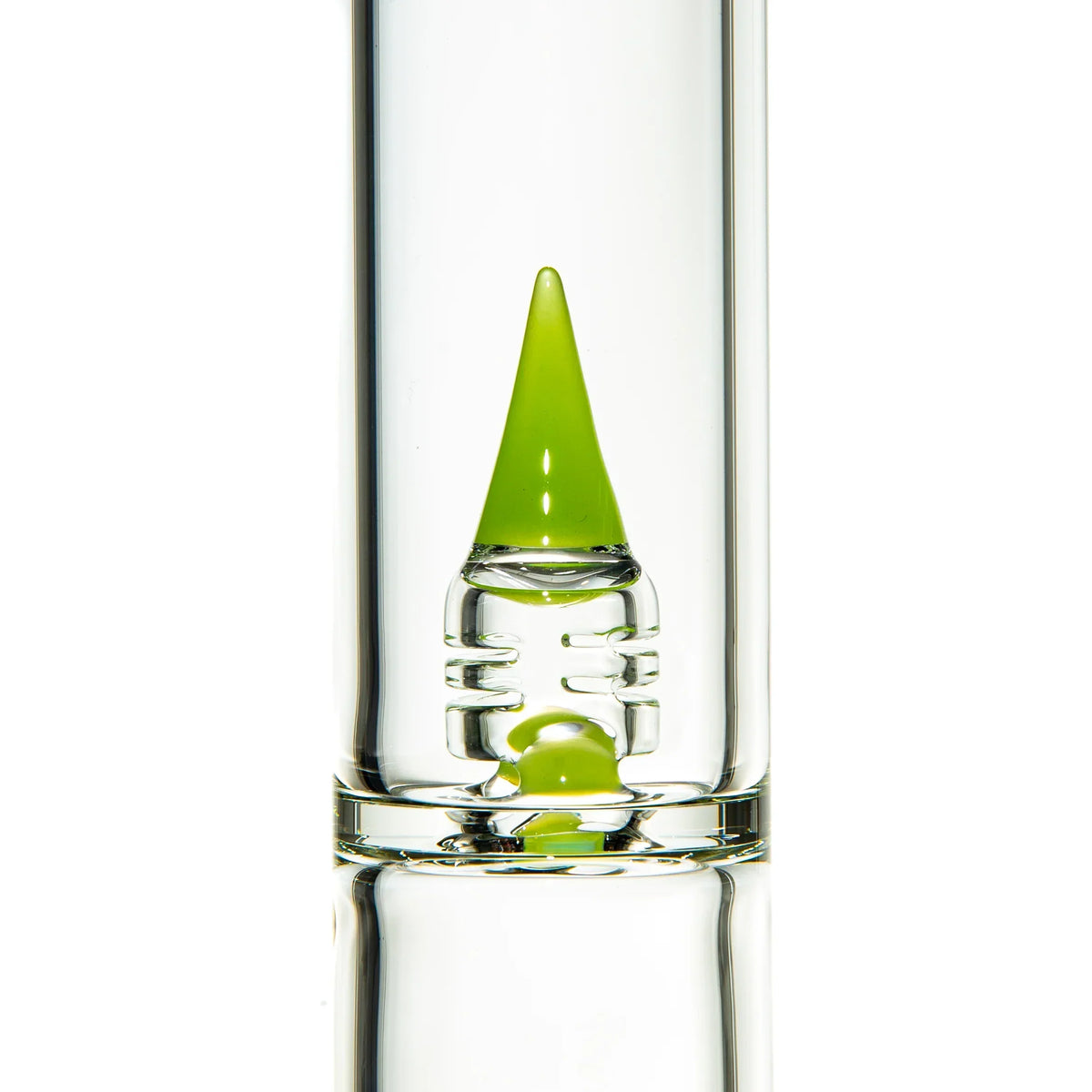 Close-up of clear glass water pipe with green glass spike percolator detail