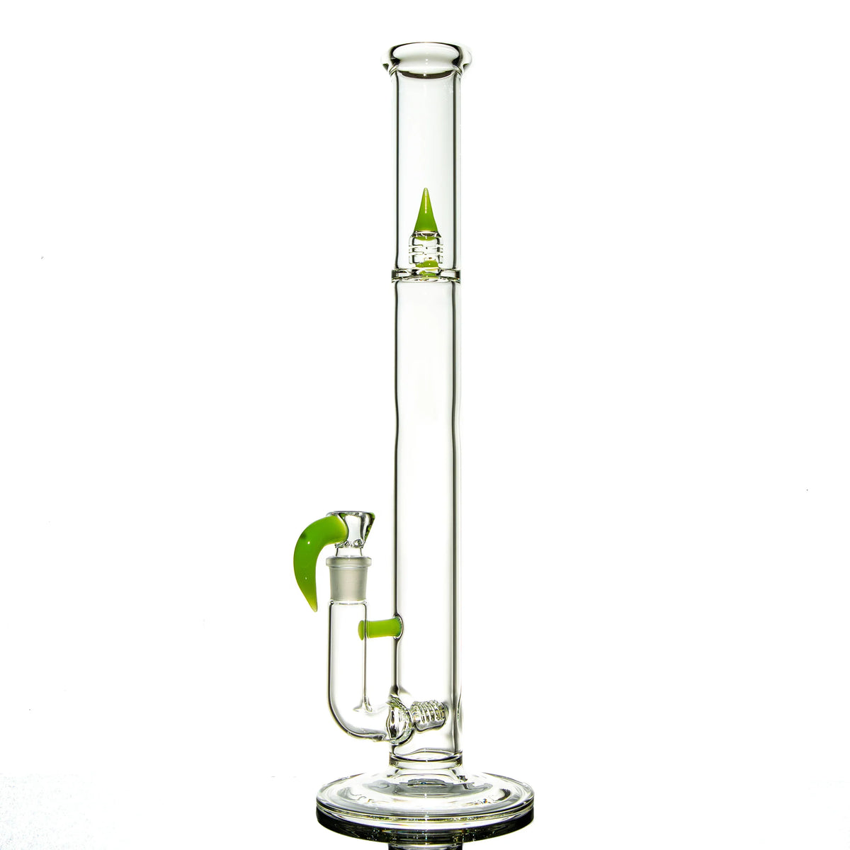Clear glass water pipe with green accents and inline perc on white background