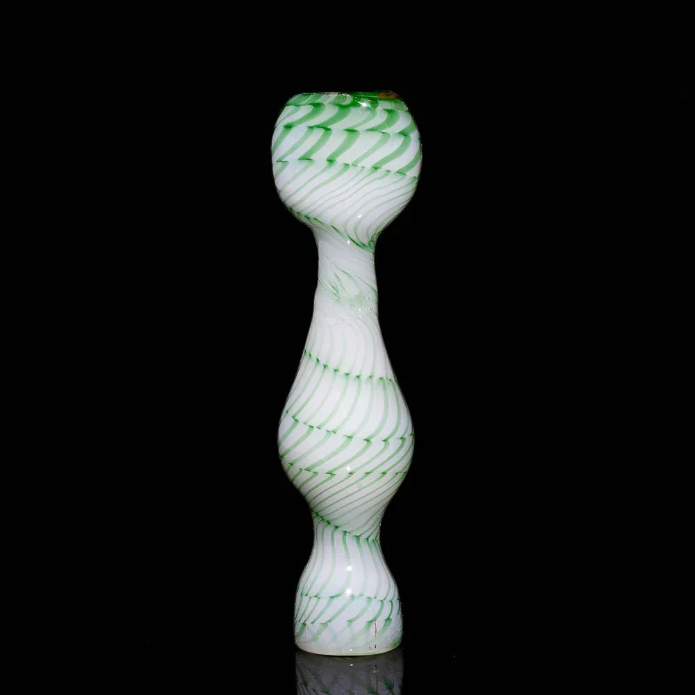 White and green glass chillum pipe with spiral design on black background
