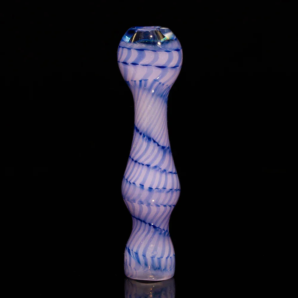 Light blue glass chillum pipe with spiral coil design on a black background