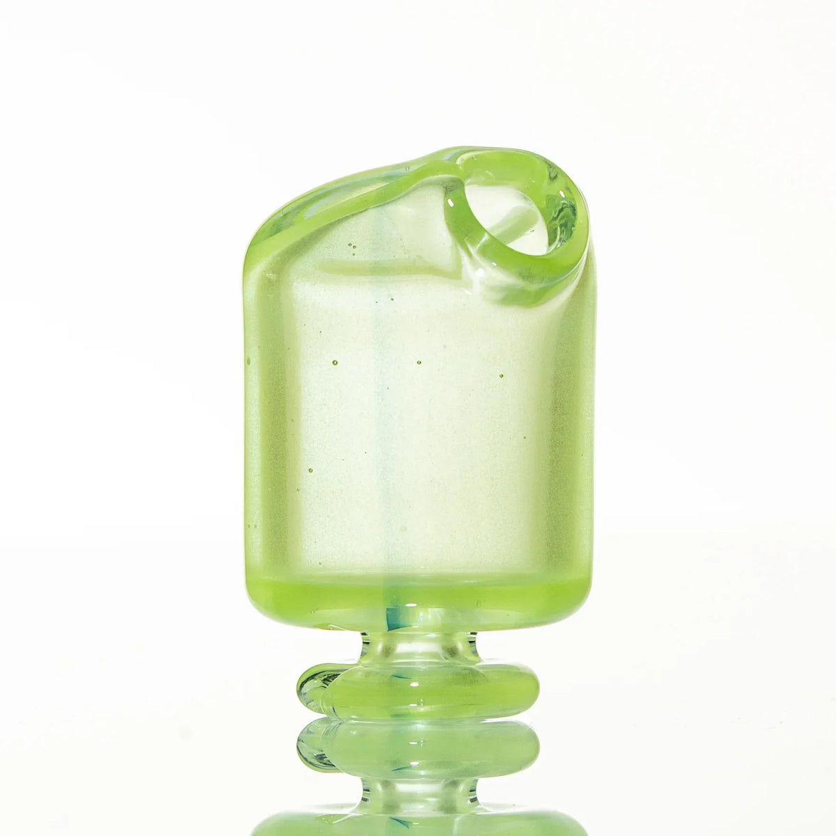 Translucent green glass mouthpiece with unique angled opening and decorative base