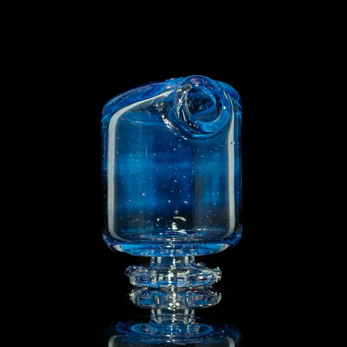 Blue glass mouthpiece with a unique pivot design on a reflective black background