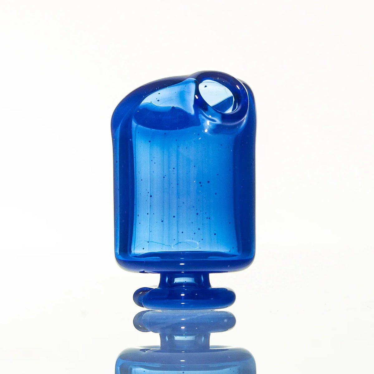 Blue glass pivot mouthpiece with rounded edges and reflective base on white background
