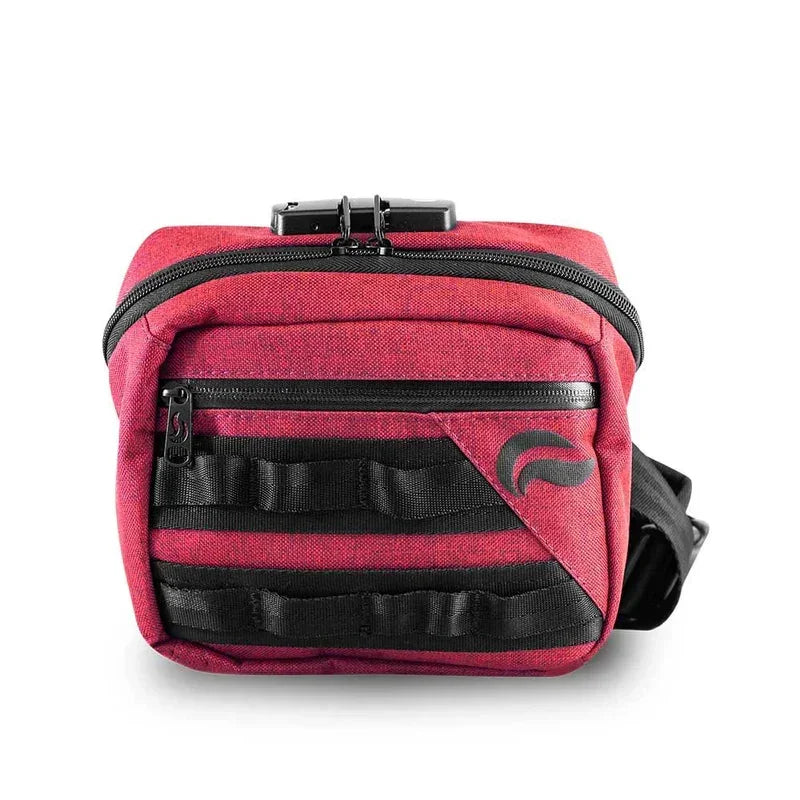 Burgundy crossbody smell-proof bag with black zipper and logo, padded and compact.