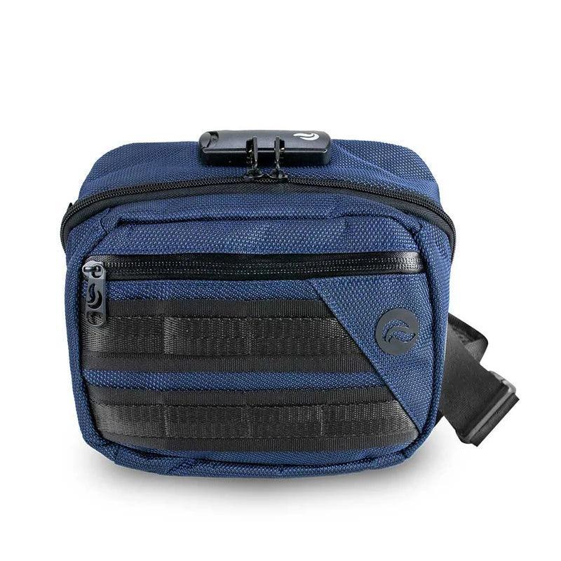 Midnight navy smell-proof crossbody bag with lock, zipper pockets, and black strap