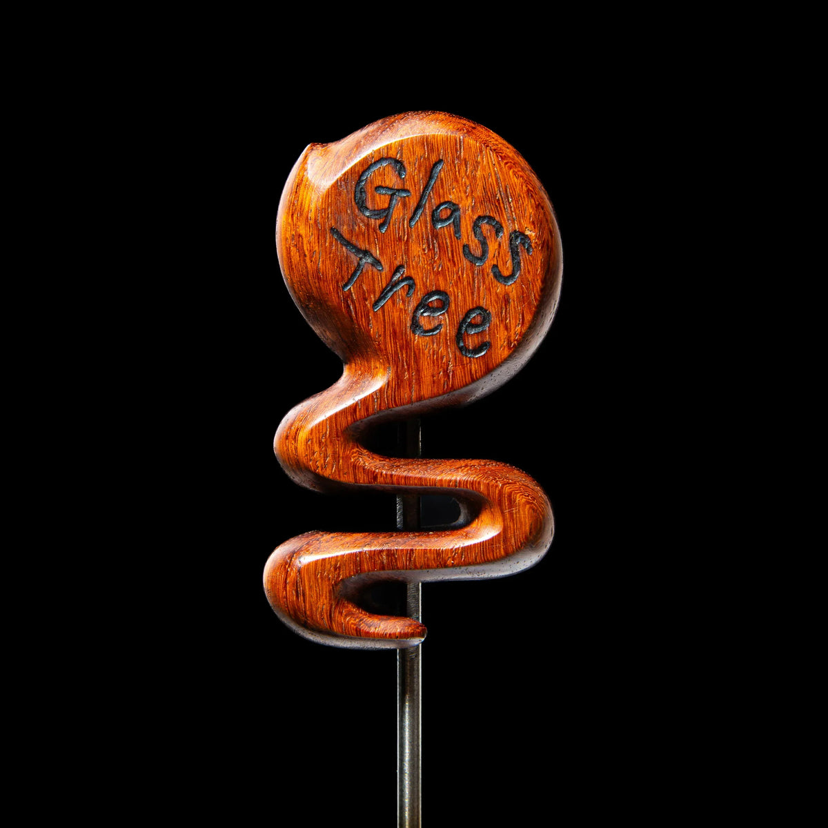 Handcrafted wooden dab tool topper engraved with 'Glass Tree' on a black background.