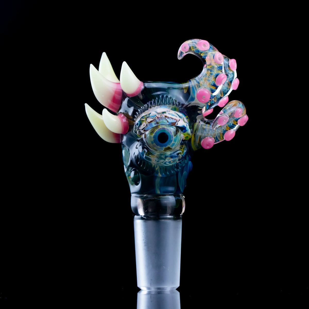 Colorful 18mm glass slide with monster eye, tentacle, and sculpted horn accents.