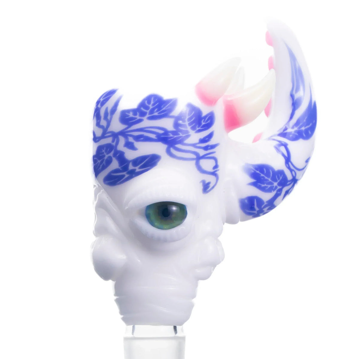 Detailed glass bowl slide with blue floral patterns and horn design for 14mm water pipes