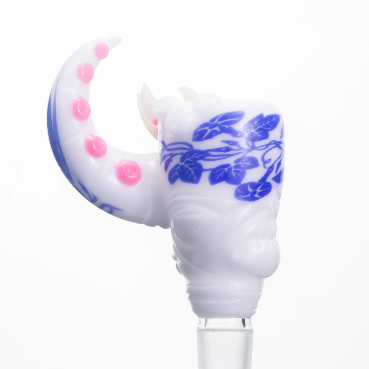 14mm glass slide with intricate blue floral design, white rhino head shape, and pink accents