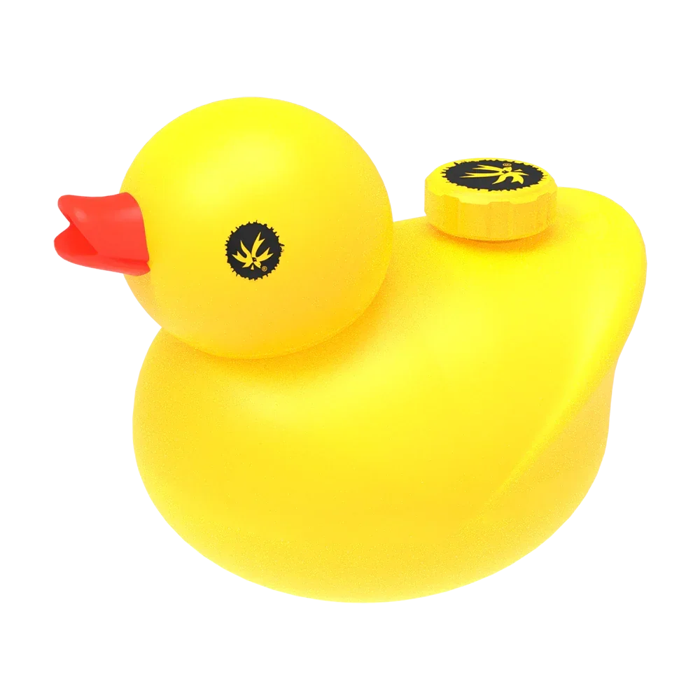 Yellow rubber duck-themed smoking accessory with a removable lid and black leaf logo