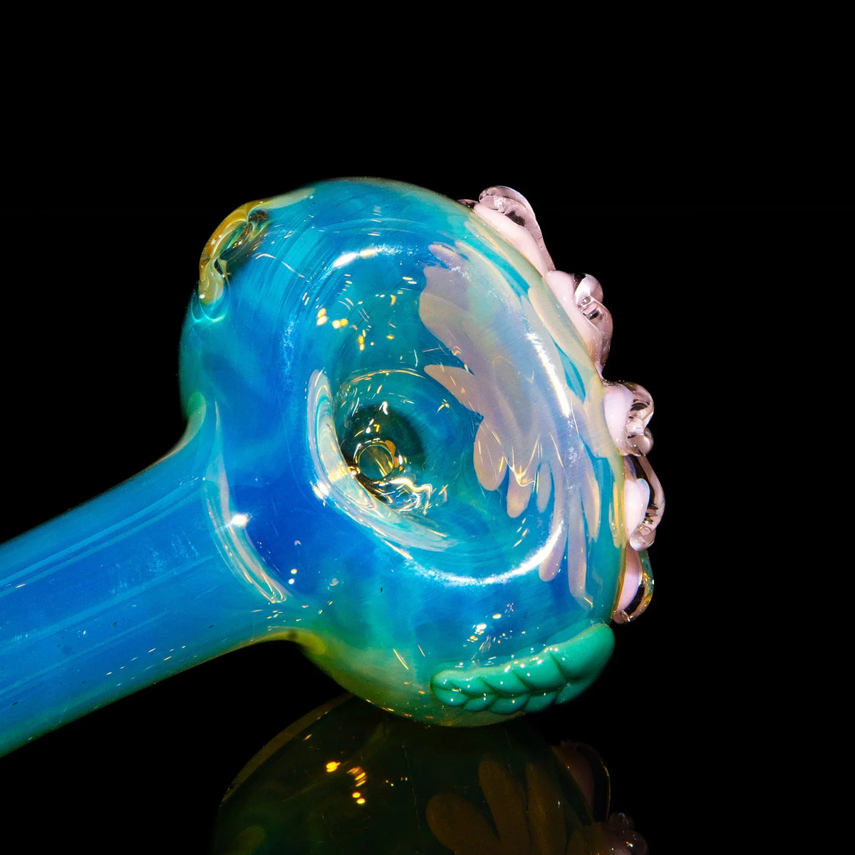 Blue glass spoon pipe with pink wildflower design and clear accent beads