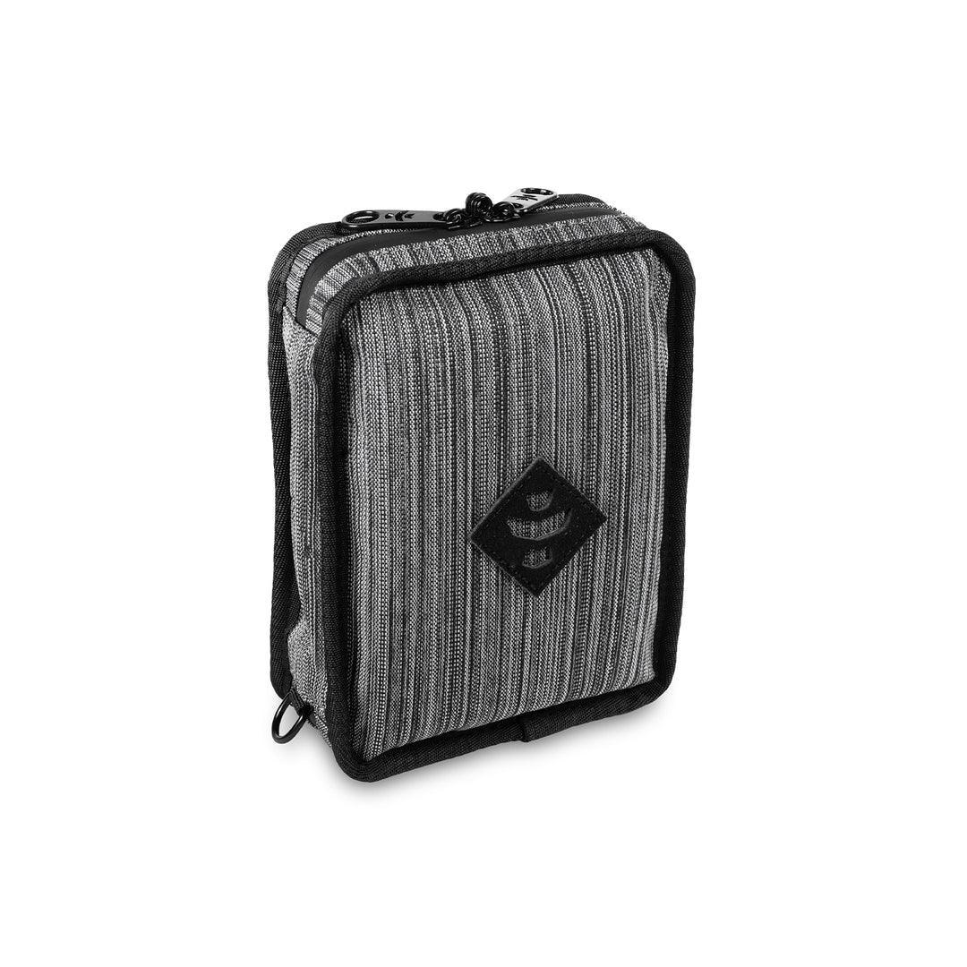 Grey and black smell-proof travel pouch with zipper and geometric logo on front