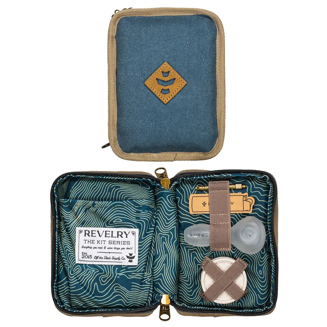 Compact blue Revelry smell-proof travel kit with accessories, zippered open and closed view