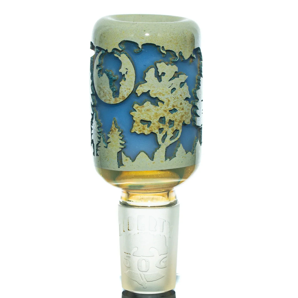 Milky blue glass bowl slide with forest and moon engraving, 18mm size, for water pipes