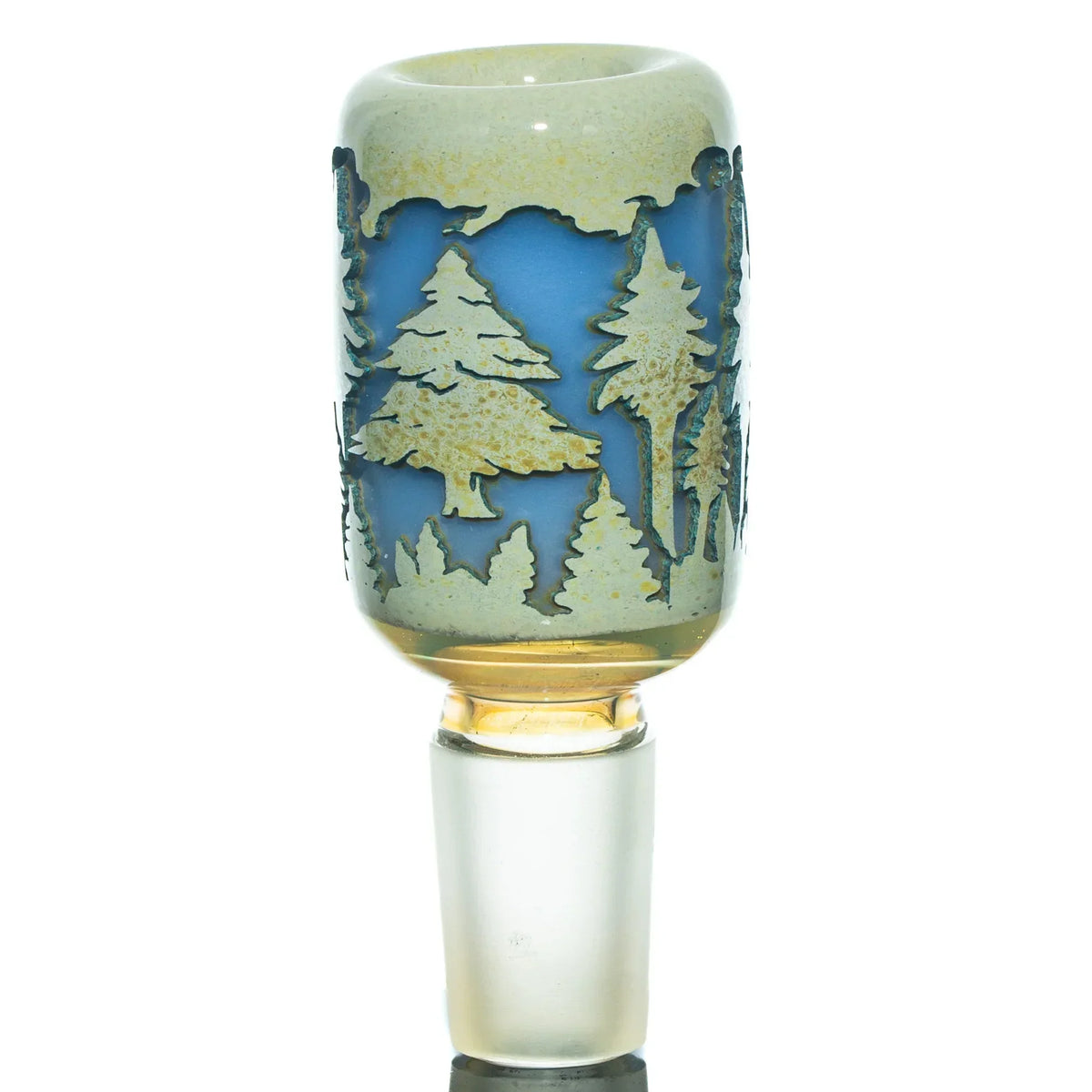 Milky blue glass slide with etched forest tree design, 18mm male joint accessory