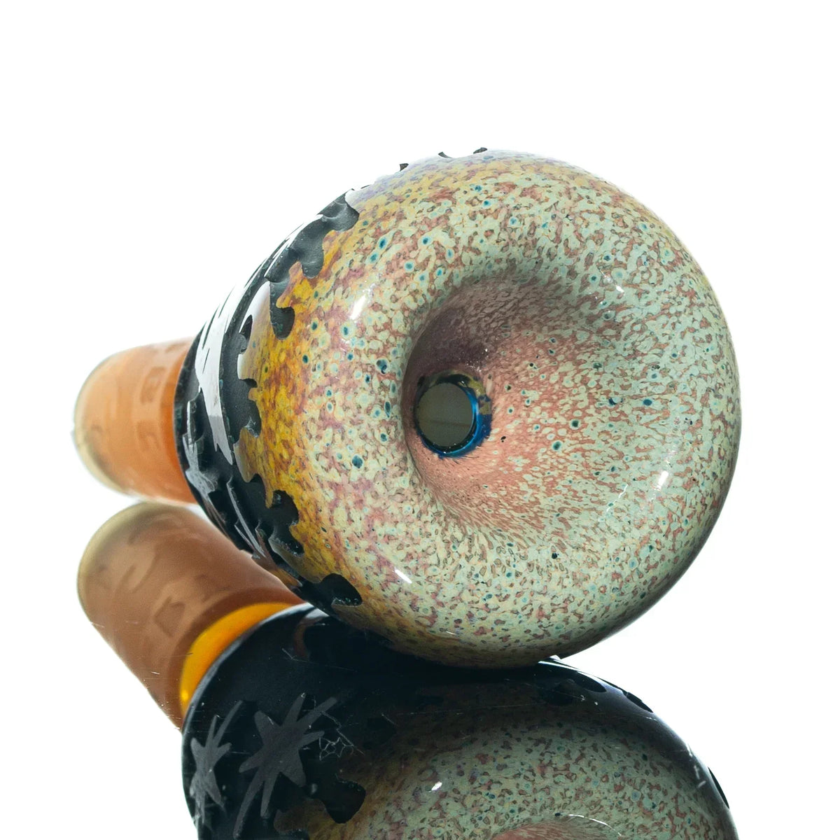 Colorful 14mm glass slide bowl with UFO-inspired design, decorative black accents, and unique speckled pattern
