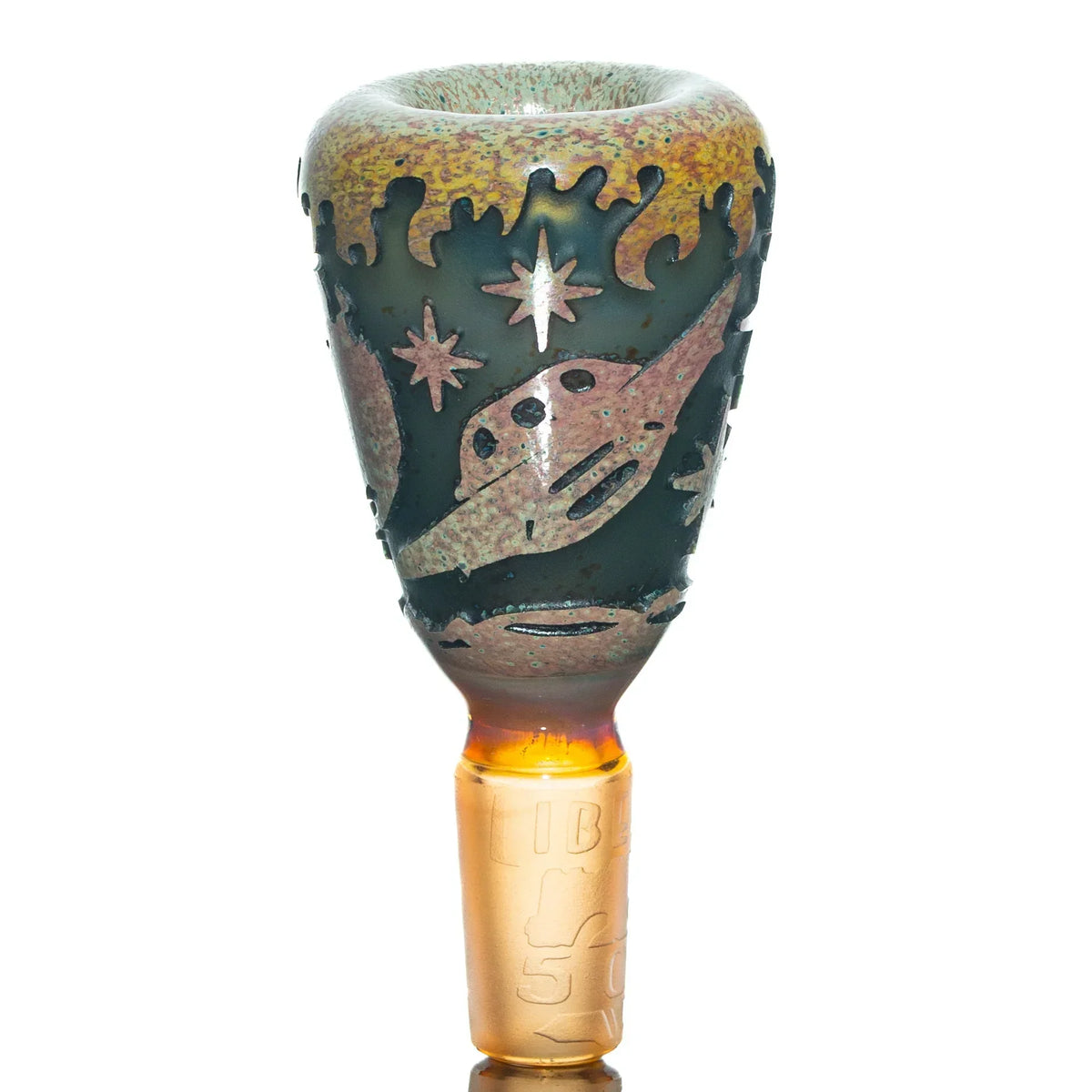 14mm glass slide bowl with UFO and space-themed etched design, amber joint