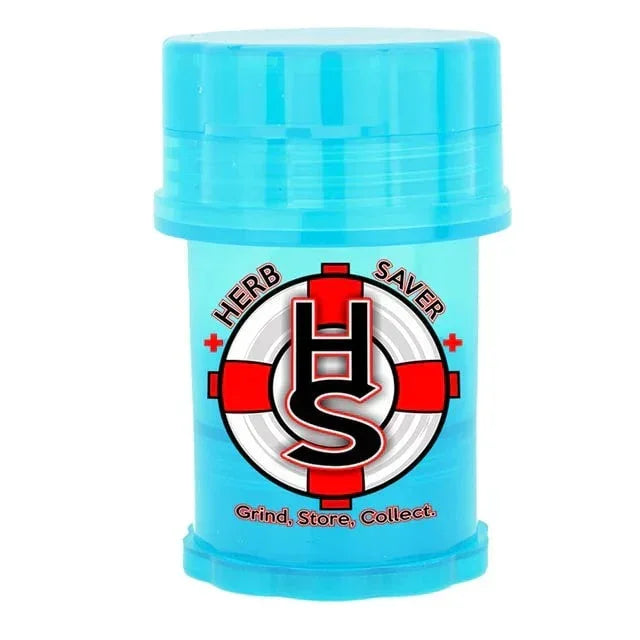 Light blue plastic herb grinder and storage container with Herb Saver logo