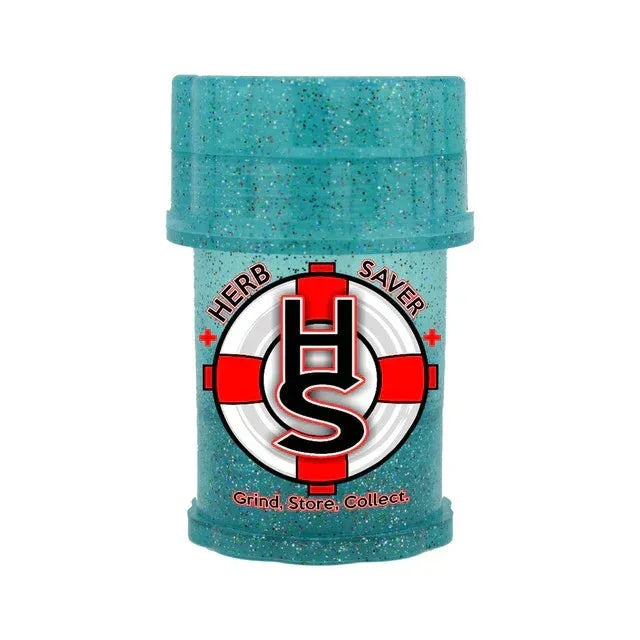 Light blue glitter herb grinder and storage container with Herb Saver logo