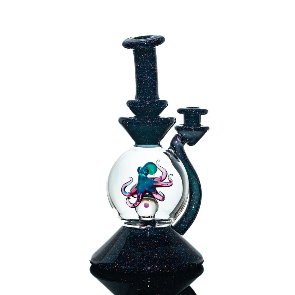 Hand-blown glass water pipe with colorful octopus design and black opal accents