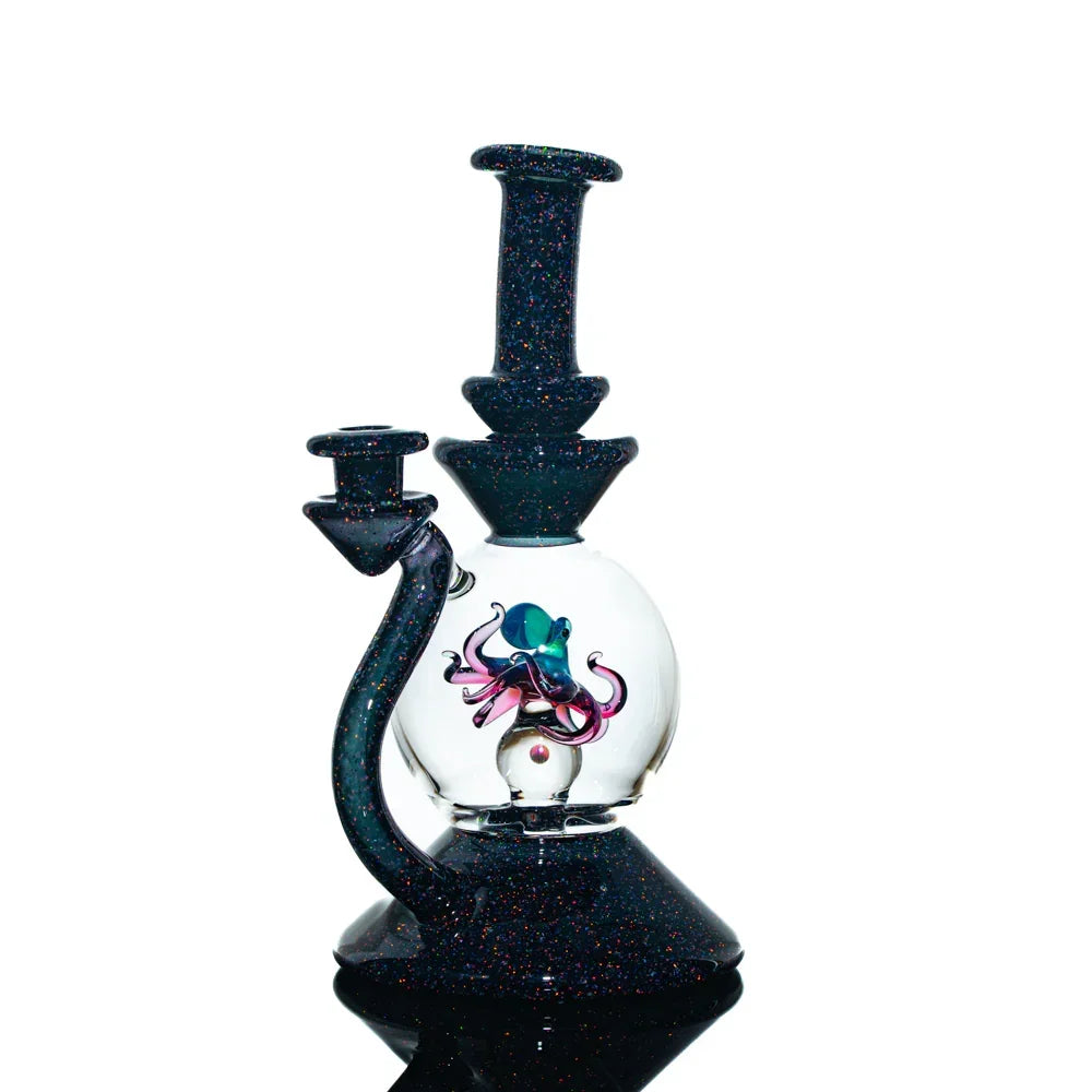 Jet black crushed opal glass water pipe with colorful octopus design in the chamber