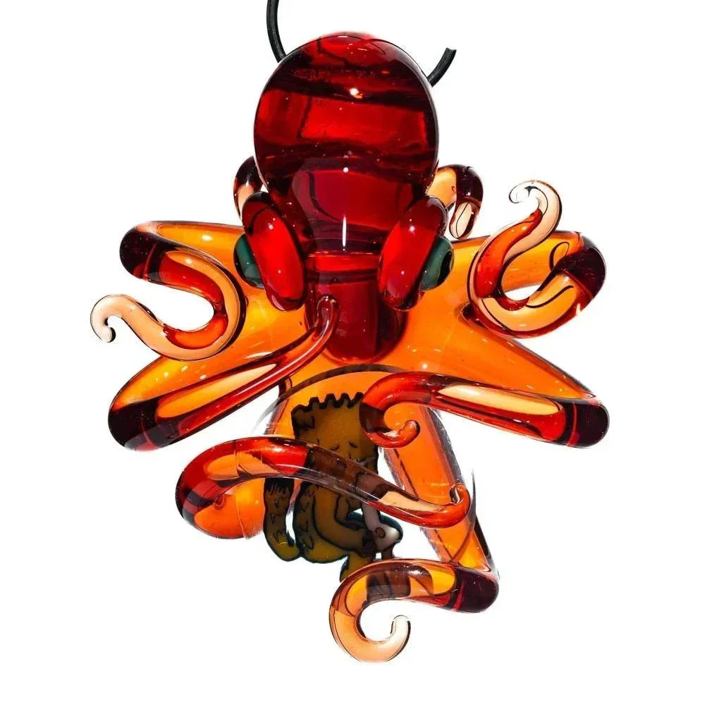 Handblown glass octopus art piece with vibrant orange and red colors, intricate tentacles