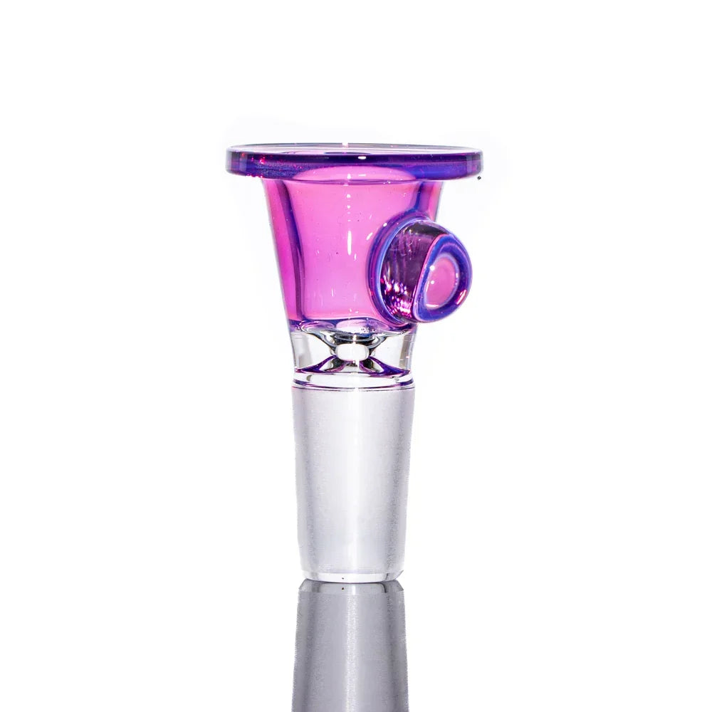 Purple 14mm glass slide bowl with side handle for water pipe on white background