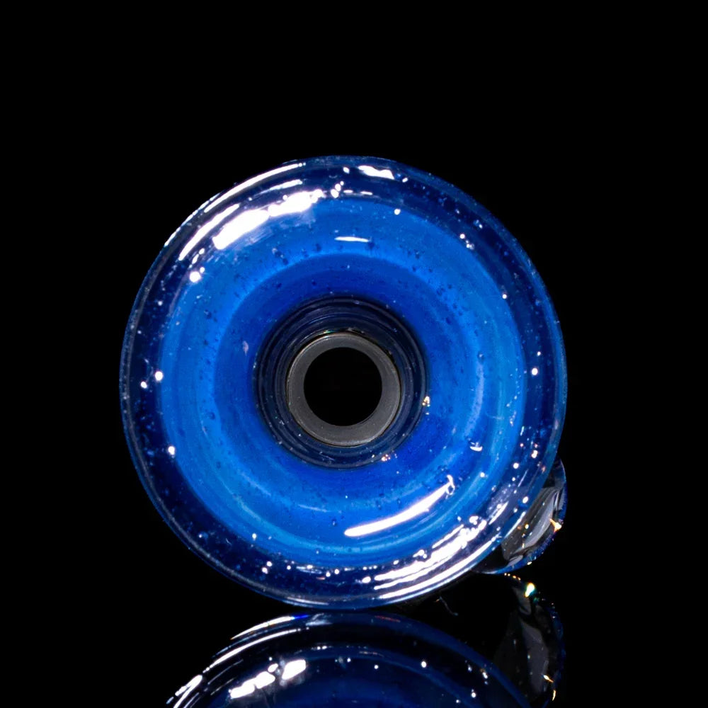 Blue glass bowl slide with a 14mm joint on a black reflective surface