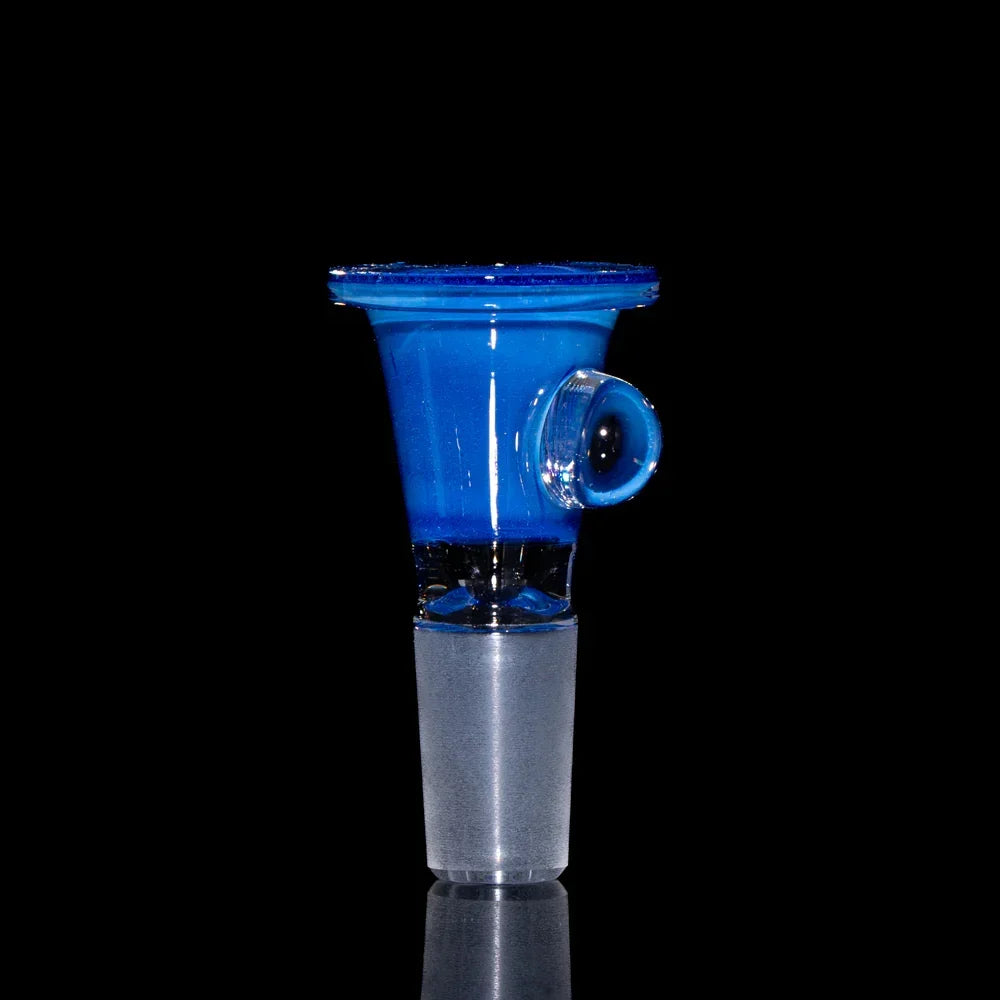 14mm blue glass slide bowl with handle against a black background