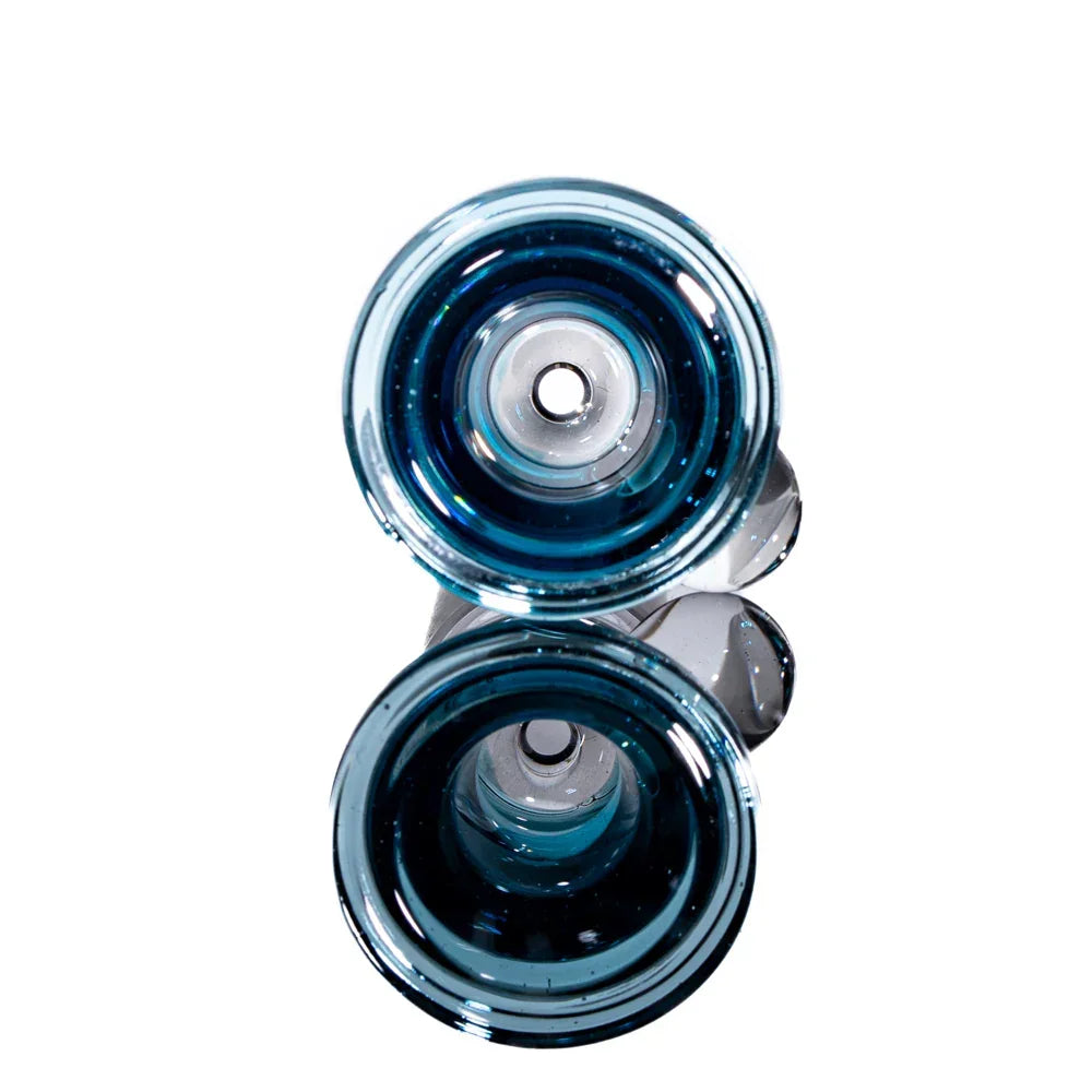 Blue glass 18mm slide with raindrop design, top view on white background