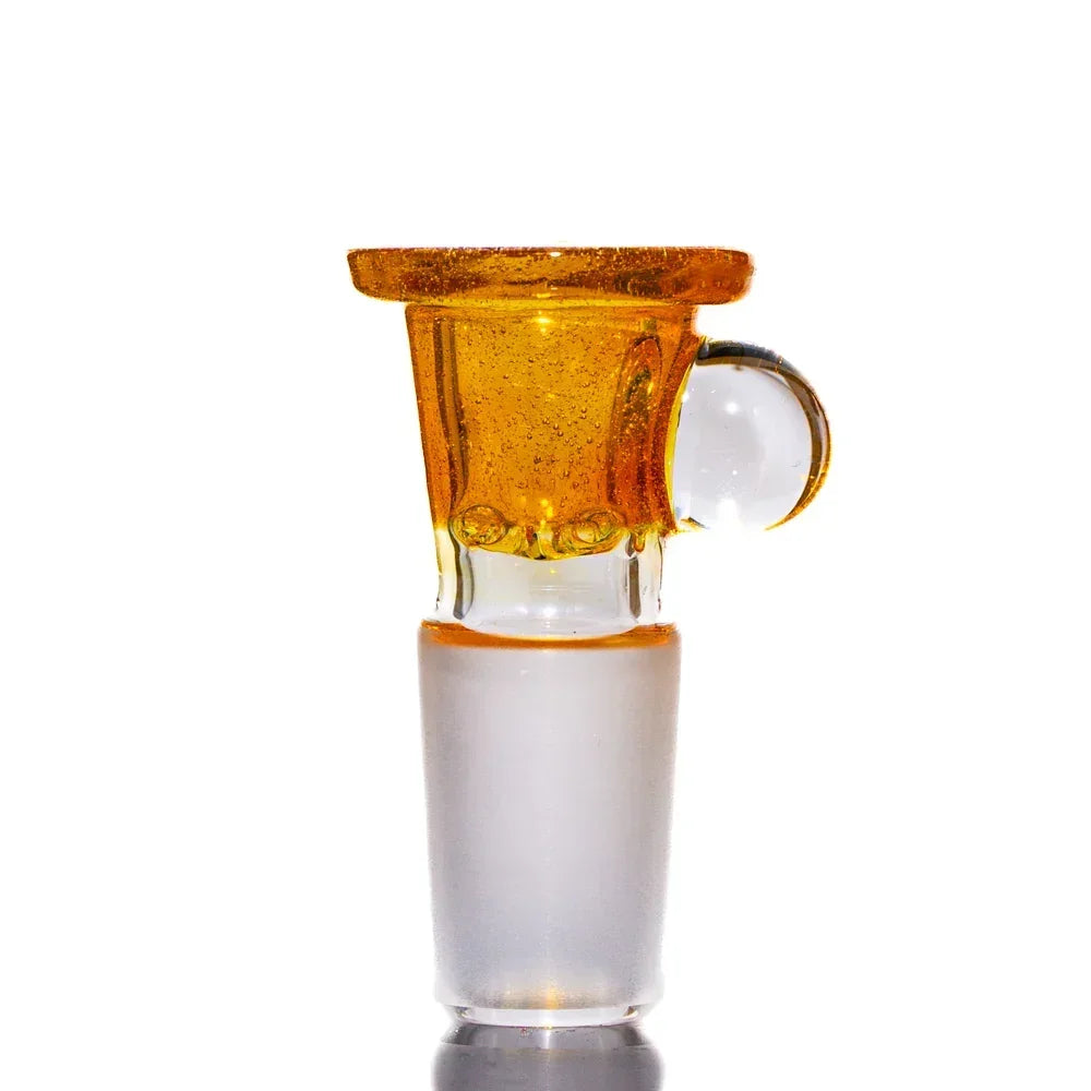 Amber glass 18mm slide bowl with four-hole design and clear handle on white background